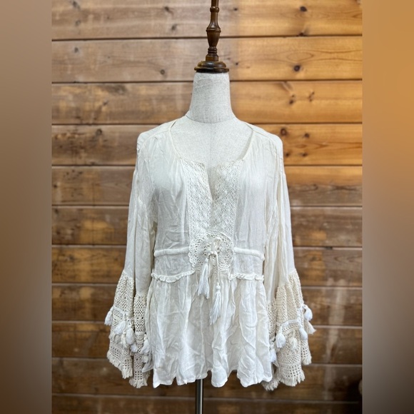 Tops - Wide Bell Sleeve Crochet Tassel Accent Blouse Top Drawstring At Ribs